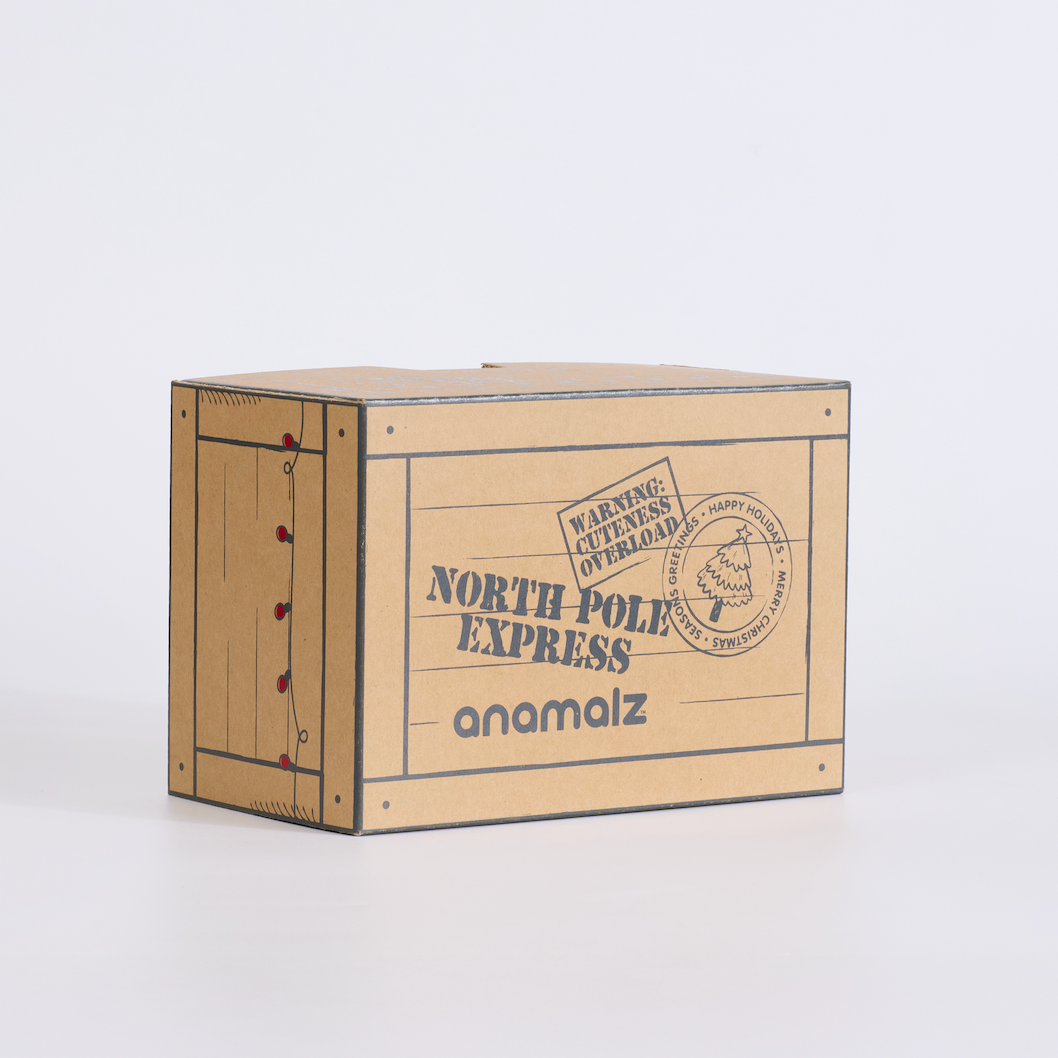 Wooden crate with 'North Pole Express' and 'anomalz' branding on a white background