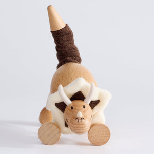 Wooden Dinosaur Toys for Toddlers with white and brown fabric design bending it's front legs