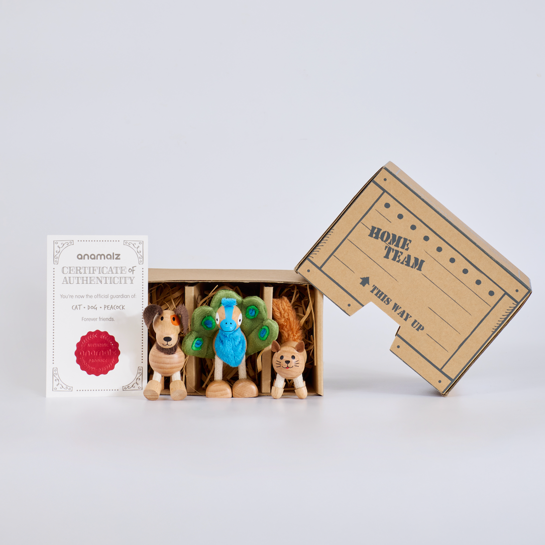 Small wooden toys with a certificate of authenticity on a light gray background