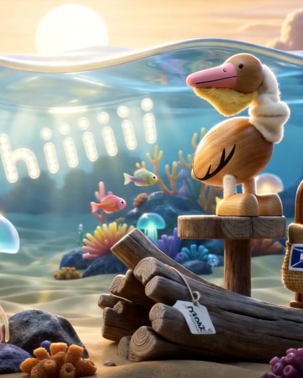 A whimsical underwater scene with a cartoon pelican standing on a wooden platform beside a brown mailbox, with coral, jellyfish, rocks, and the word 'hiliii' in the water. This appears to be a digital illustration rather than a standard product photo.