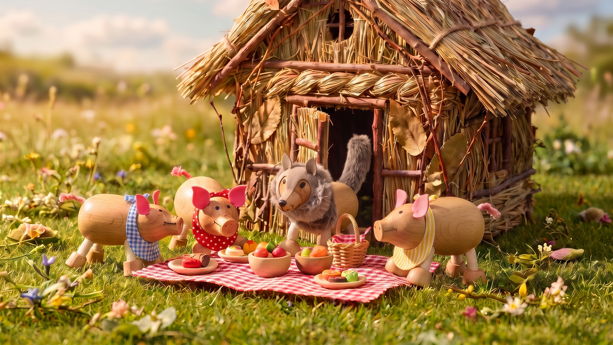 A whimsical outdoor scene showing a small thatched-roof wooden house in a grassy field, with toy animals gathered around a red-and-white checkered picnic blanket. The animals include wooden pigs in blue and red checkered outfits, a gray wolf, with baskets of fruit and snacks on the blanket.