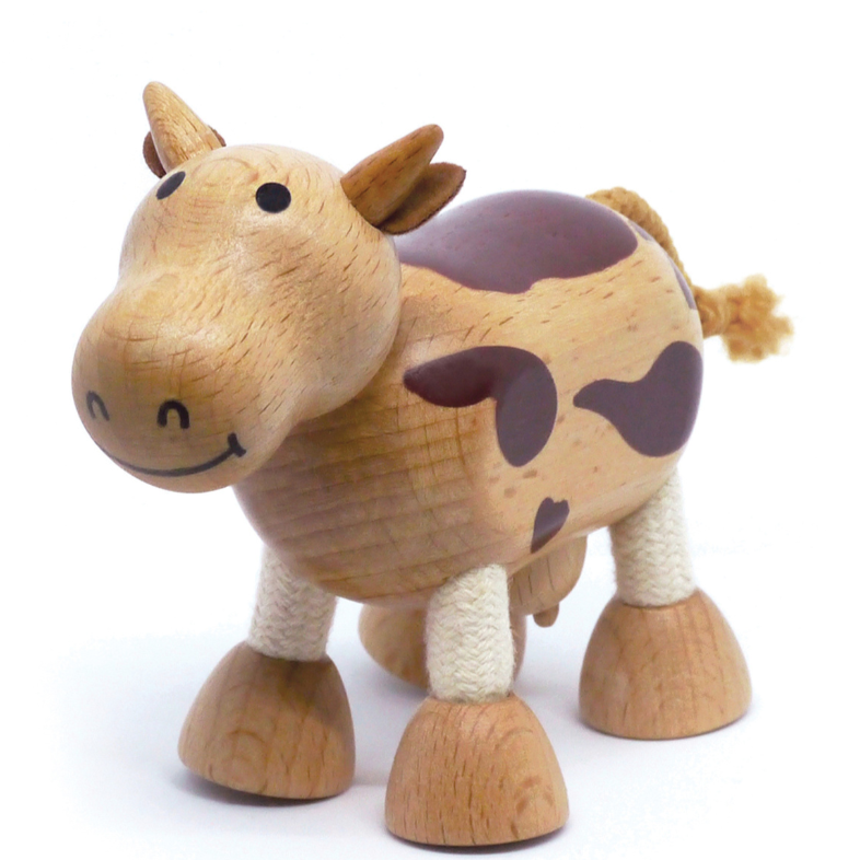 Adorable eco-friendly cow toy with bendable legs and fabric ears.