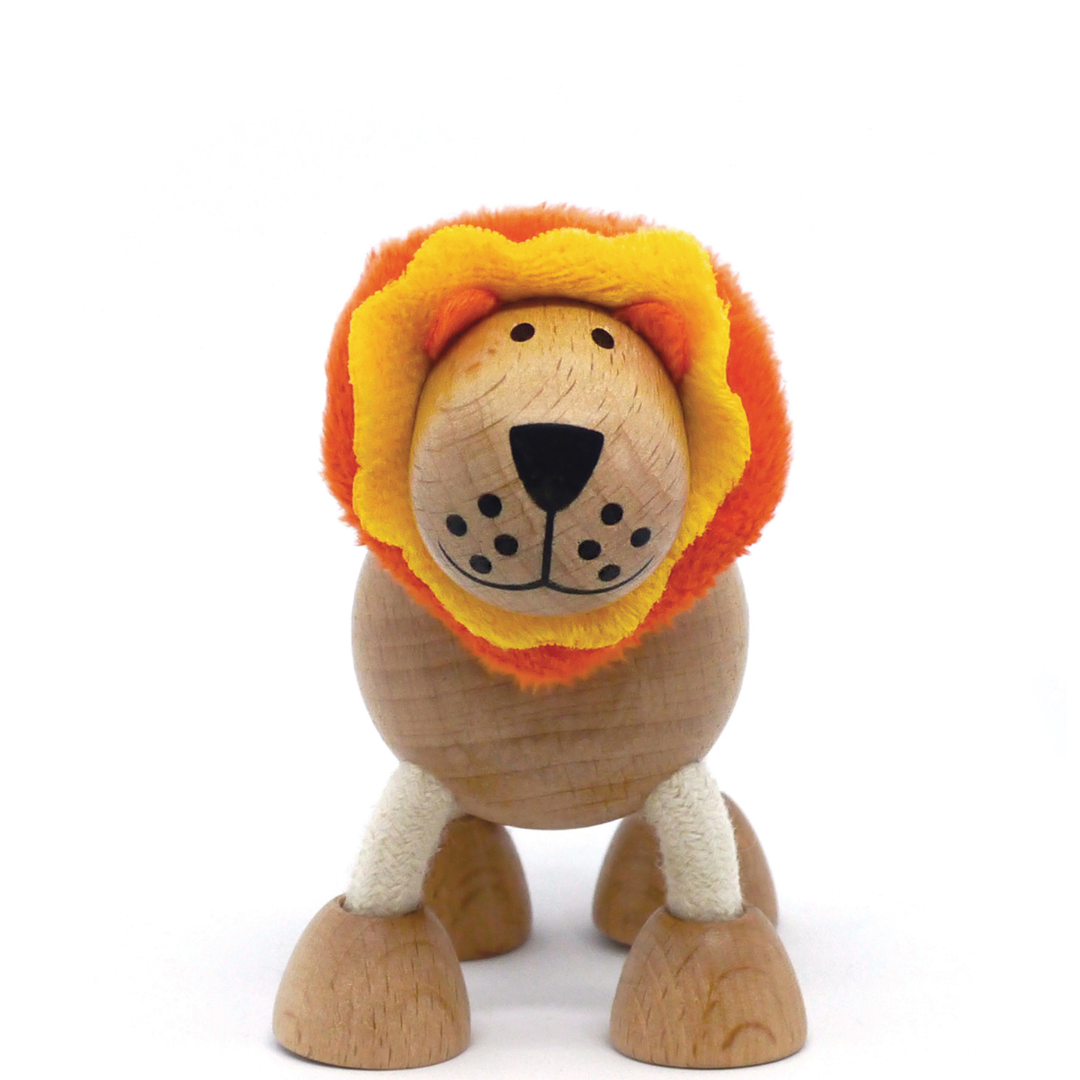 Adorable eco-friendly lion toy crafted from wood and fabric, ideal for sparking imaginative adventures