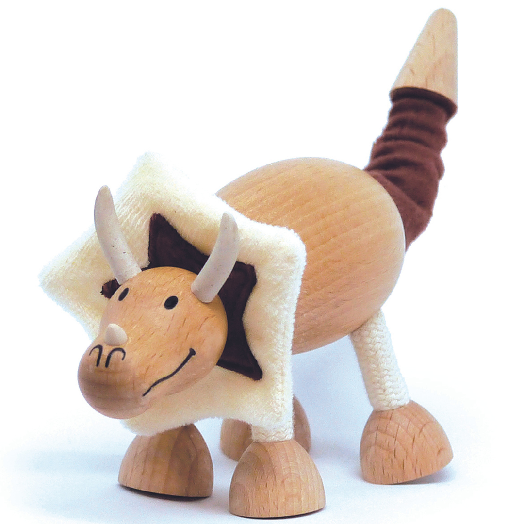 Adorable Triceratops wooden toy with soft fabric tail and horns, crafted from eco-friendly materials, perfect for Jurassic Park and dinosaur enthusiasts